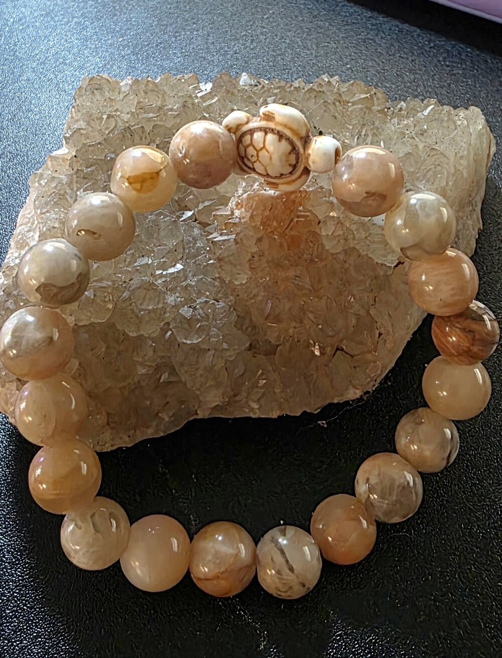 Sunstone Beaded Stretch Bracelet with Turtle Charm